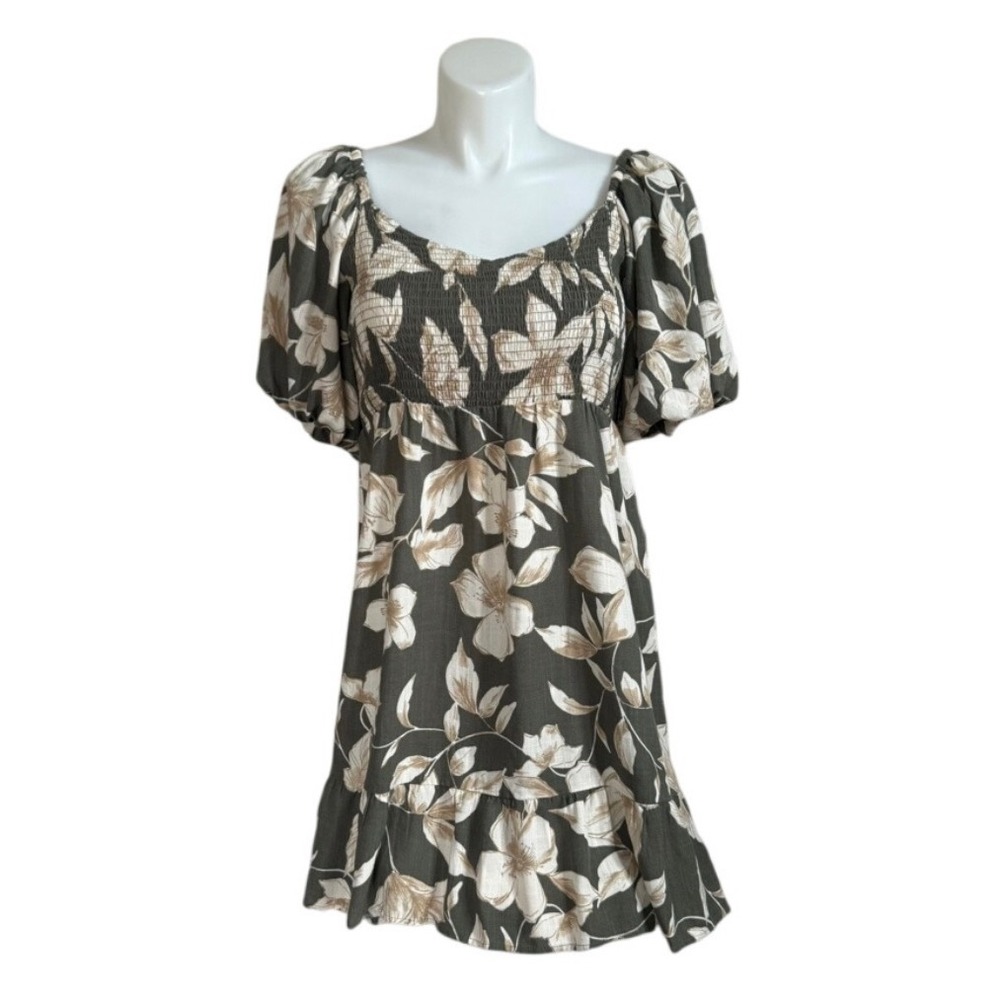 Maurices Womens XL Floral Smocked Mini Dress Olive‎ Green Puff Sleeve Ruffle Hem